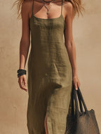 Women's Casual Olive Green Cotton-Linen Sleeveless Maxi Sundress MDZ1410D7LXY