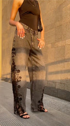Vintage Washed Grey Floral Lace Slit Wide-Leg Jeans