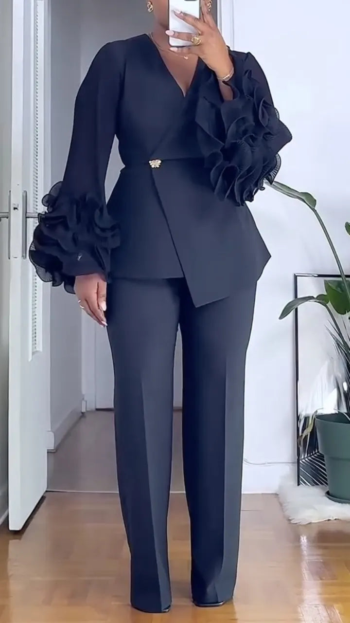 V-Neck Fitted Waist Ruffled Long Sleeve Top & Trousers Set