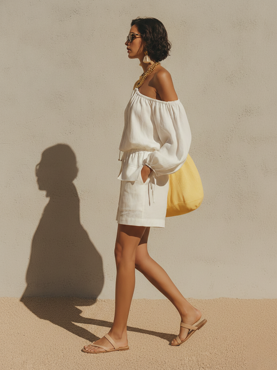Women's White Linen-Blend Off-the-Shoulder Jumpsuit With Drawstring Neck & Cargo Pocket Shorts, Casual Summer Vacation Jumpsuit MDZ1233F5LYL