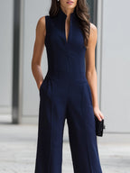 Navy Sleeveless Plunge-Neck Wide-Leg Jumpsuit