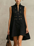 Black Vintage Gold Button Sleeveless Mini Dress