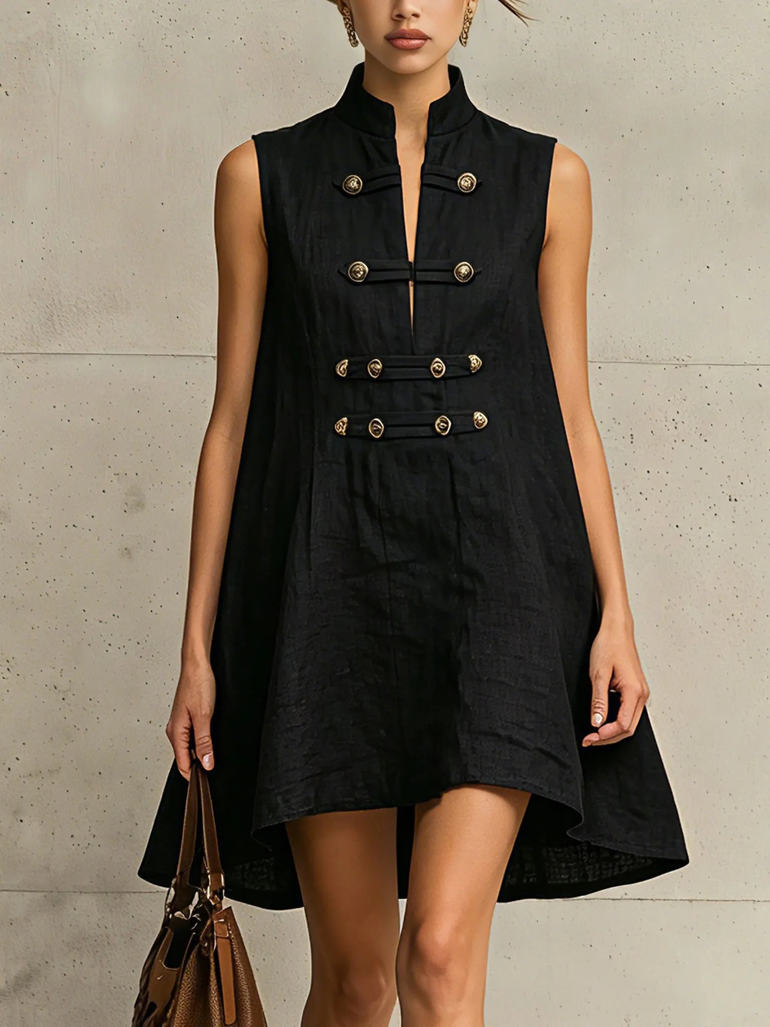 Black Vintage Gold Button Sleeveless Mini Dress