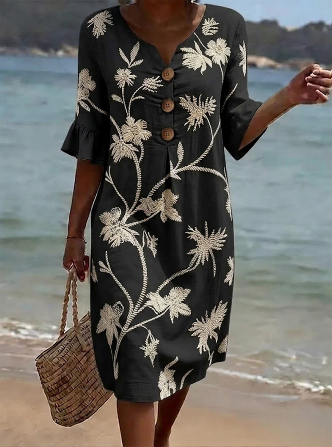 Women's Floral Print Casual Cotton-Linen Dress