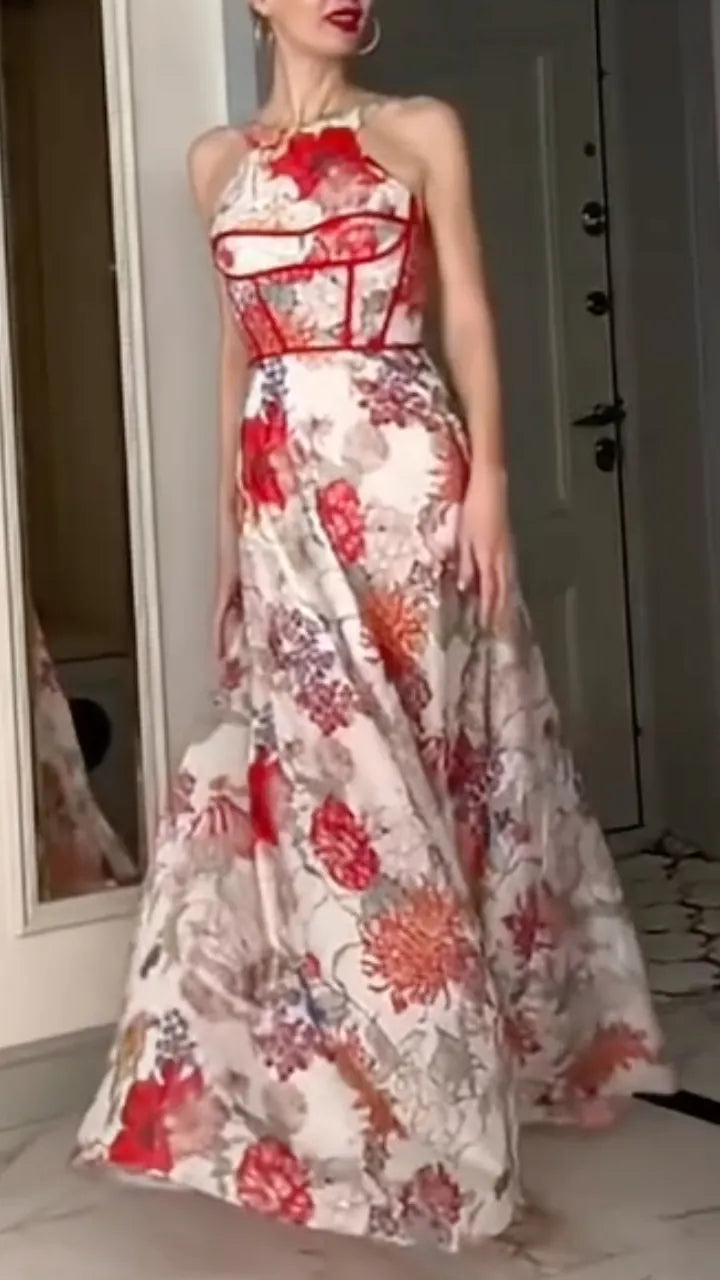 White Base Red Floral Halter Corset Maxi Gown