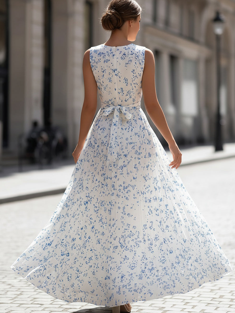 White & Blue Ditsy Floral Sleeveless Pleated Maxi Dress