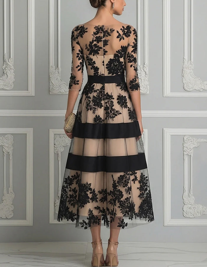 Black Floral Lace 3/4 Sleeve Band Nude Lining A-Line Midi Dress