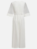 White Mesh V Neck Half Sleeve Plain Wide-Leg Jumpsuit With Belt With Pockets