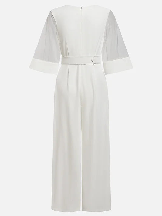White Mesh V Neck Half Sleeve Plain Wide-Leg Jumpsuit With Belt With Pockets