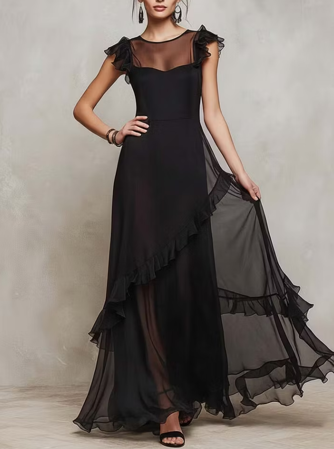 Black Layered Sheer Chiffon Ruffle-Trim Maxi Dress