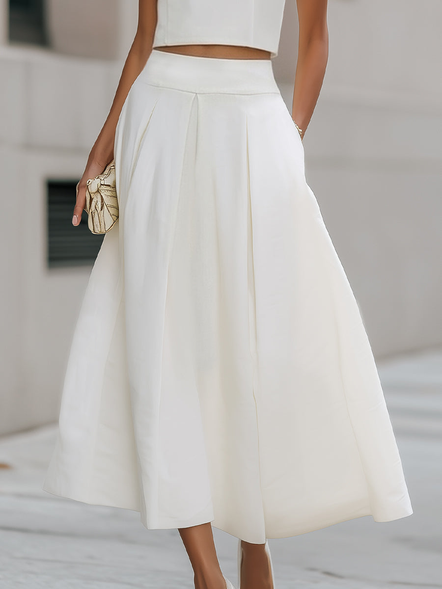 Sleeveless Cropped Top And Pleated Midi Skirt Set