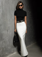 Women's Elegant Black Stretch Knit Turtleneck Short-sleeved Top Paired With A White Woven Midi Skirt Set (belt Not Included) MDZ0502C0AN