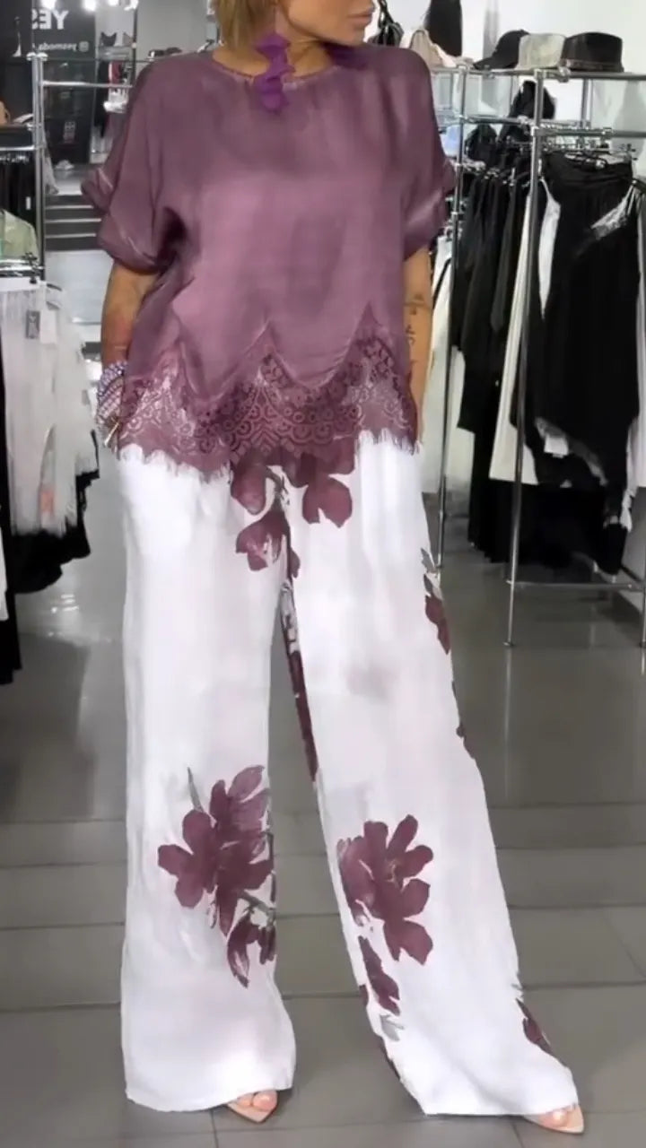 Purple Floral Print Linen 3 Piece Outfit Set