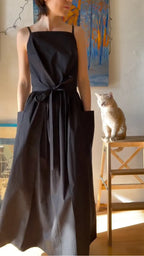Square Neck Strap Midi Linen-Blend Dress