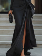 Elegant One-Shoulder Satin Gown With Draped Detail And Side Slit
