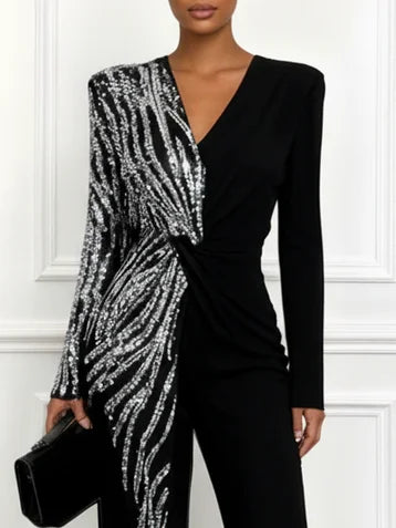 Women Black Sequin V Neck Long Sleeve Dressy Jumpsuit