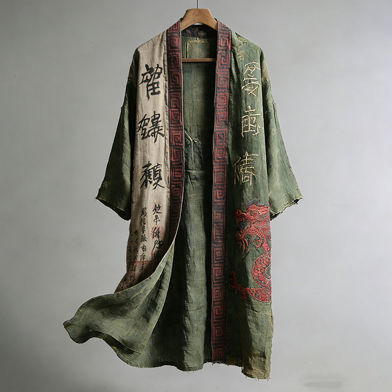 Men's Japanese Dragon Pattern Calligraphy And Painting Art Linen Long Kimono