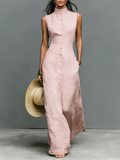 Women's Minimalist Linen-Blend Stand-Collar Single-Breasted Sleeveless Maxi Dress MDZ1049C1Y