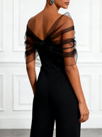 Women Black Mesh Rhinestone V Neck Short Sleeve Elegant Jumpsuit