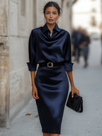 Elegant Satin Draped-Collar Midi Dress With Black Belt