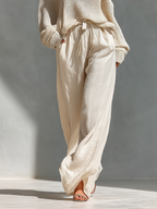 Women's Beige Knit Fabric Cold-Shoulder Turtleneck Top & Wide-Leg Pants Set MDZ0984A5T