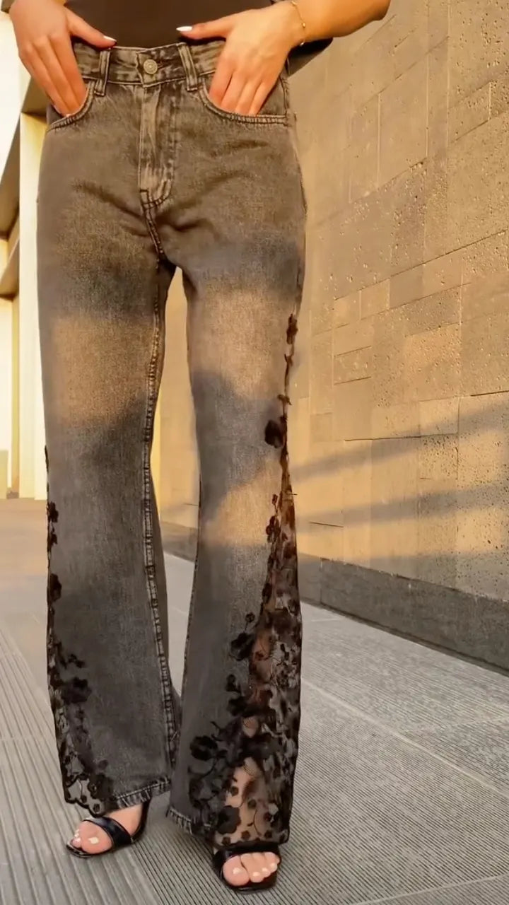 Vintage Washed Grey Floral Lace Slit Wide-Leg Jeans