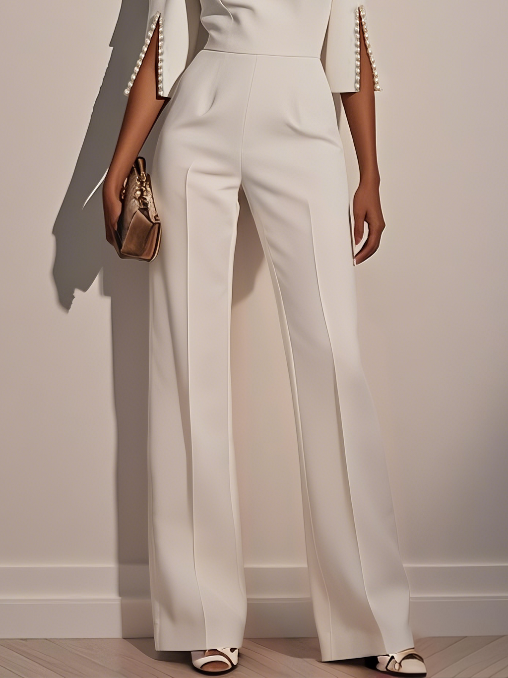 Women White Faux Pearl Slit Boat Neck Half Sleeve Dressy Jumpsuit