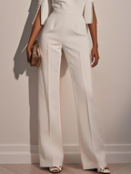 Women White Faux Pearl Slit Boat Neck Half Sleeve Dressy Jumpsuit