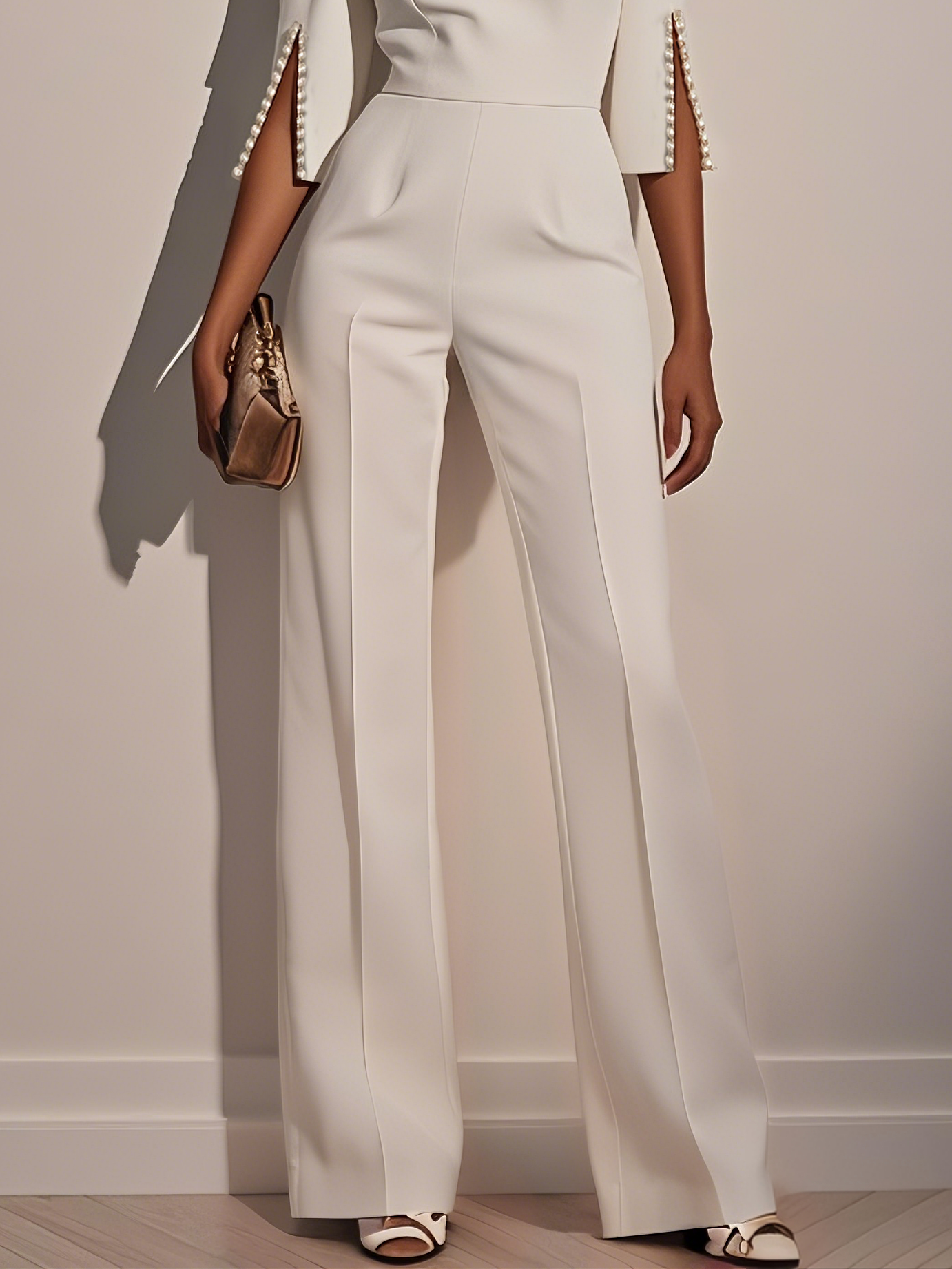 Women White Faux Pearl Slit Boat Neck Half Sleeve Dressy Jumpsuit
