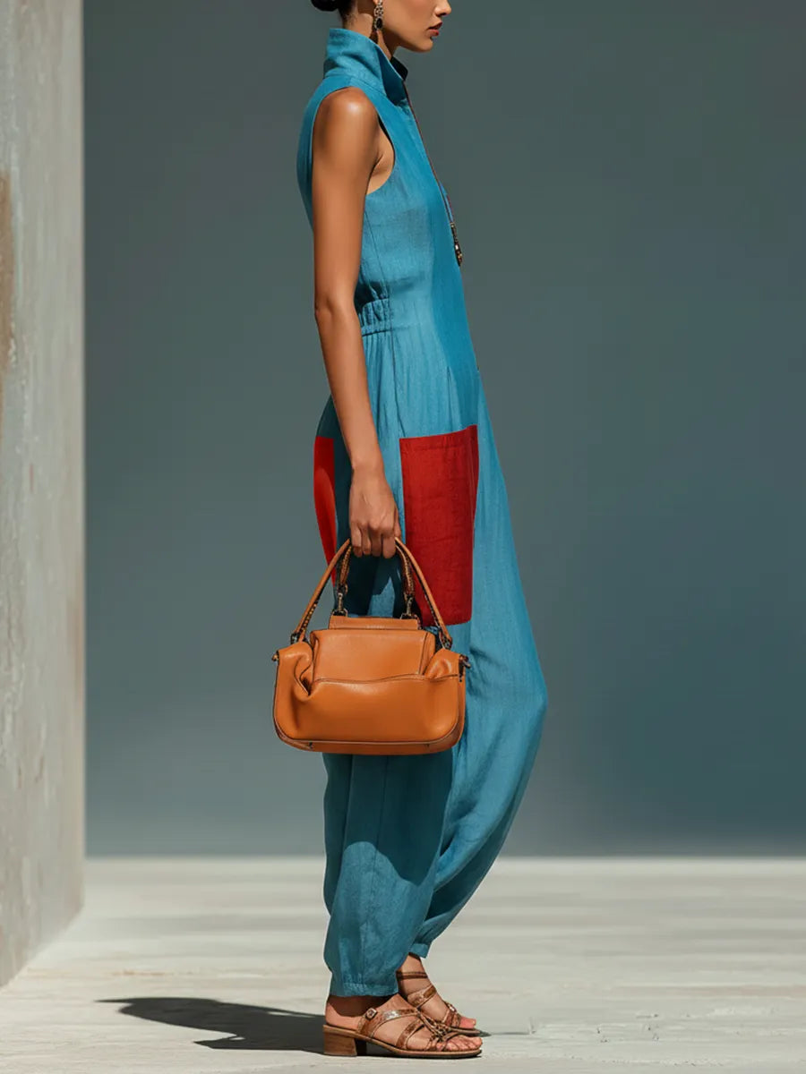 Women’s Blue Linen-Blend Sleeveless Jumpsuit With Red Patch Pockets & Half-Zip Stand Collar MDZ0982E4T