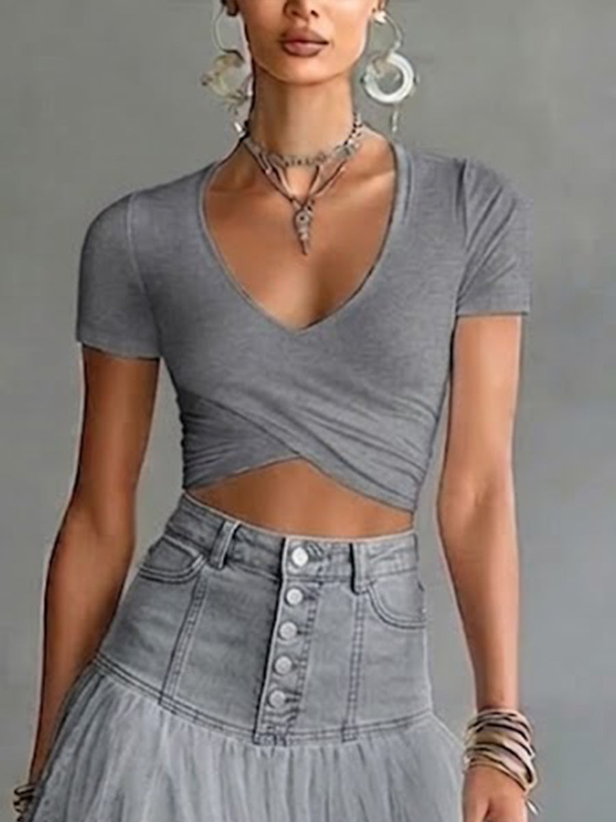 Casual & Comfortable Stretchy Knit Cropped T-shirt
