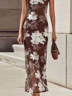 Elegant Brown White Ink Floral Print Mesh Sleeveless Maxi Dress