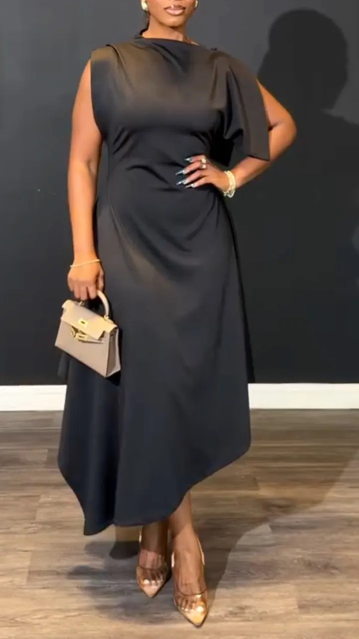 Black Draped Sleeveless Midi Dress