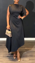 Black Draped Sleeveless Midi Dress