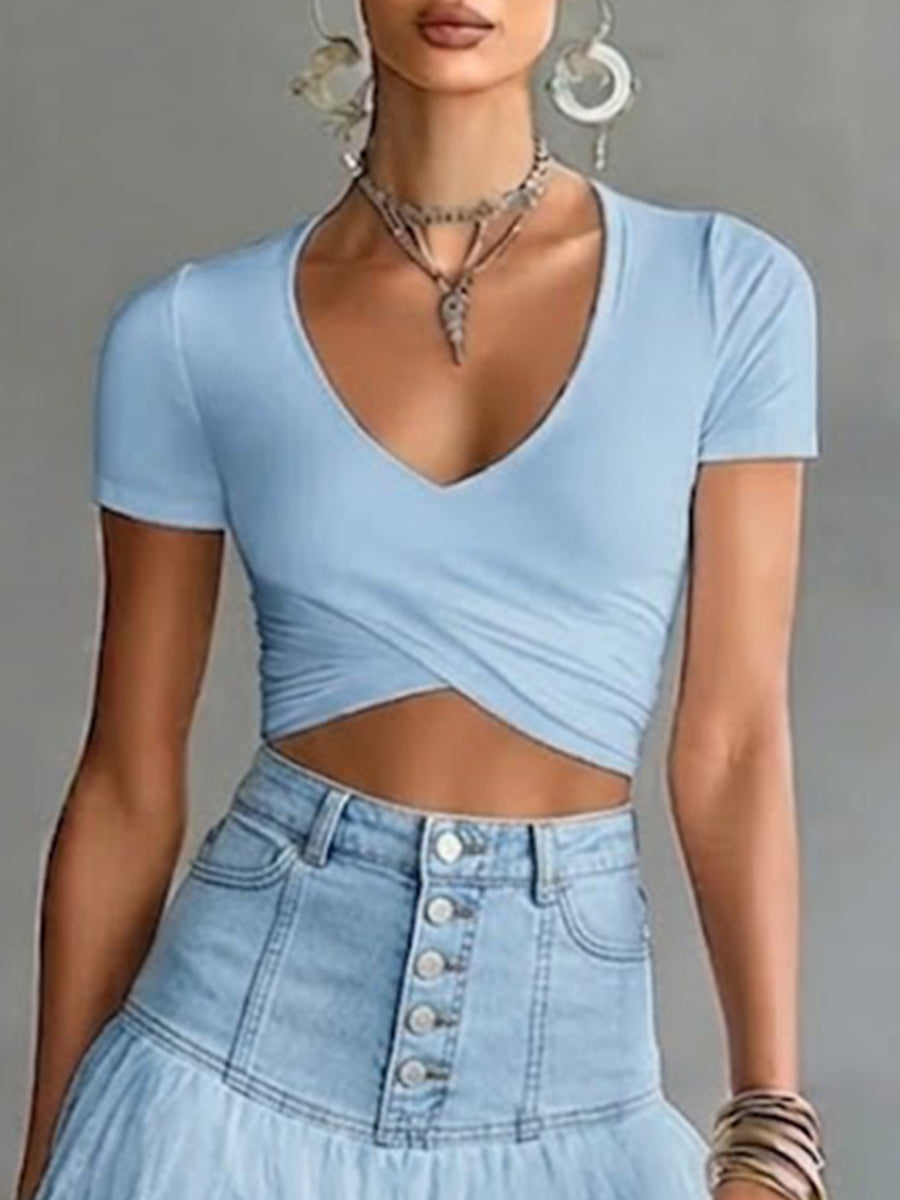 Casual & Comfortable Stretchy Knit Cropped T-shirt