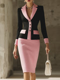 【24-hour shipping out】Black Contrast Pink Knitted Jacket And Skirt Set
