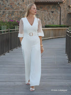 White Mesh V Neck Half Sleeve Plain Wide-Leg Jumpsuit With Belt With Pockets