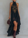Retro Halter Neck Irregular Ruffle Maxi Dress