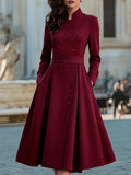Elegant Band Collar Button-Down Midi Dress With Belt