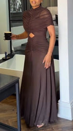 Women Round Neck Patchwork Hollow Pleated Solid Color Elegant Temperament Dress