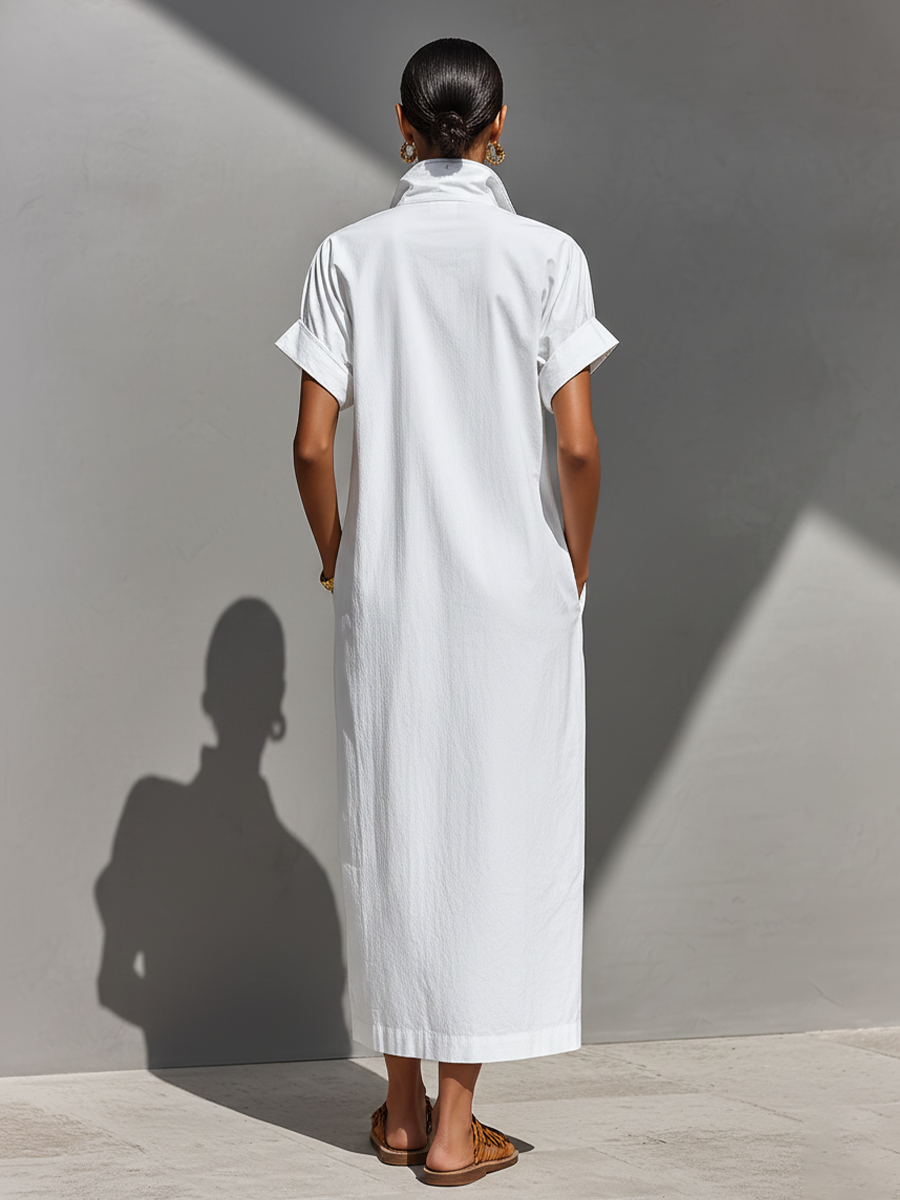 Women's White 100% Cotton Maxi Shirt Dress With Half-Zip Collar & Rolled Sleeves, Timeless Casual Everyday Dress MDZ0779E4LYL
