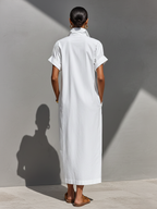 Women's White 100% Cotton Maxi Shirt Dress With Half-Zip Collar & Rolled Sleeves, Timeless Casual Everyday Dress MDZ0779E4LYL