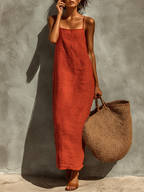Women's Red Cotton Dress With Spaghetti Straps & Square Neck, Timeless Boho-Resort Style Dress MDZ0924C3I