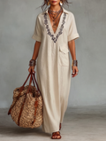 Women's Minimalist Linen Blend Embroidered Short-sleeved Shirt Maxi Dress MDZ0600A1Y