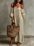 Women's Vacation Cotton-linen Blend Off-shoulder Long-sleeved Maxi Dress MDZ0481B5Y