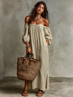 Women's Vacation Cotton-linen Blend Off-shoulder Long-sleeved Maxi Dress MDZ0481B5Y