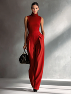 Women's Sleek Cotton-Linen Blend Burgundy Sleeveless Turtleneck Wide-Leg Jumpsuit MDA2292L5AU