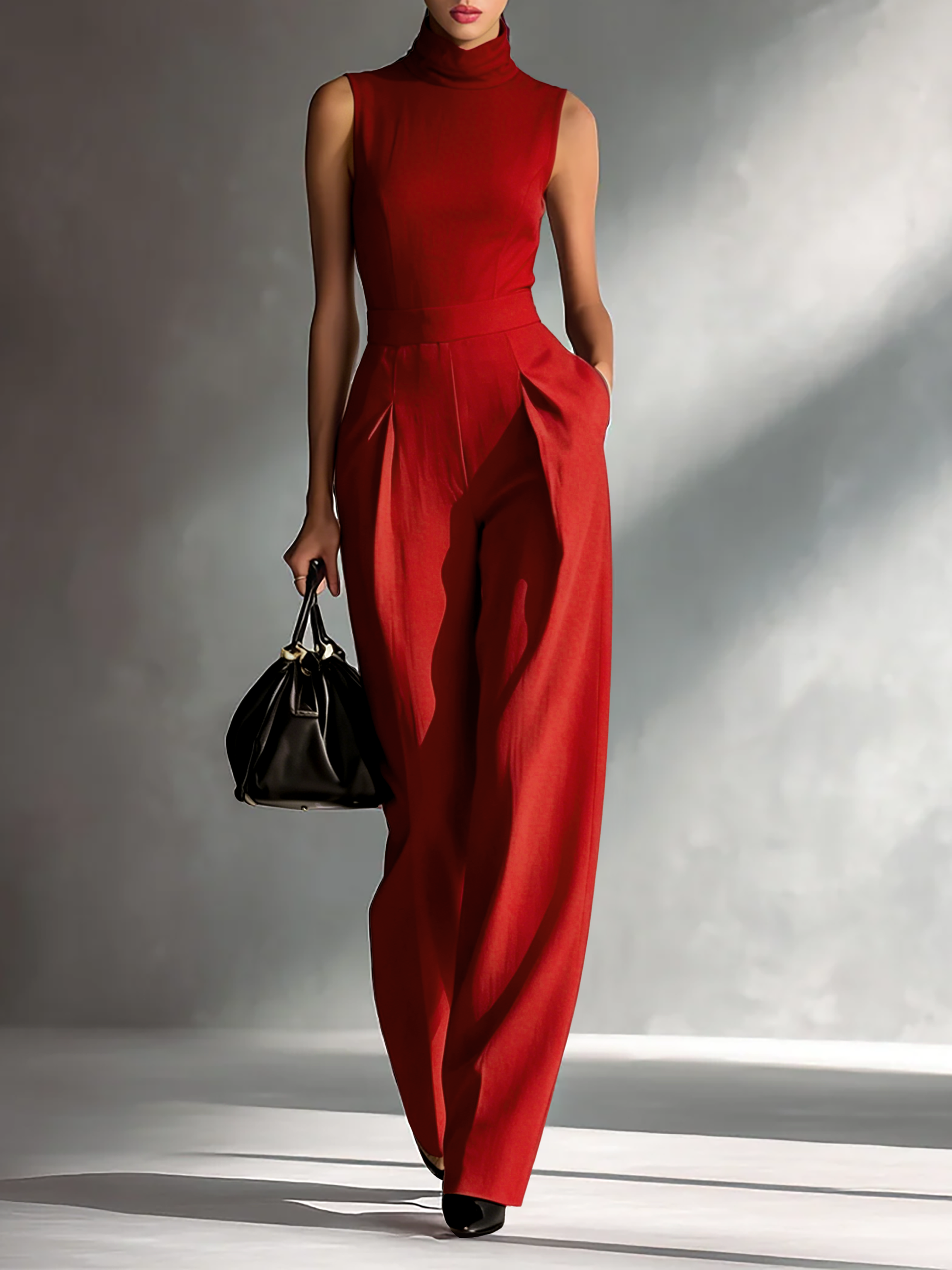 Women's Sleek Cotton-Linen Blend Burgundy Sleeveless Turtleneck Wide-Leg Jumpsuit MDA2292L5AU