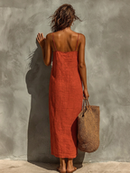 Women's Red Cotton Dress With Spaghetti Straps & Square Neck, Timeless Boho-Resort Style Dress MDZ0924C3I