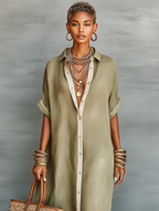 Women's Minimalist Linen Blend Short-sleeved Shirt Maxi Dress MDZ0647A2Y